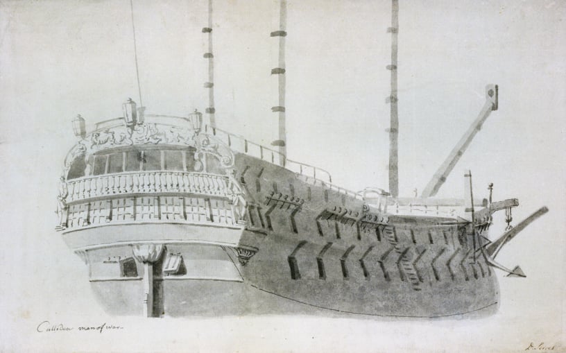 Culloden man of war; drawing with graphite; pen & ink & wash, grey. As the annotation to original explains, the details of the stern balcony suggest the Culloden of 1783 is portrayed.