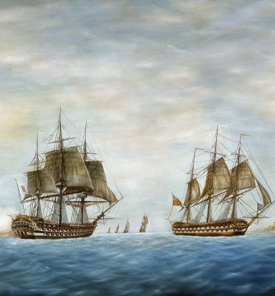 The warship Queen of Portugal, of the Marquis of Nisa's squadron, and the squadron of Admiral Ball meet during the blockade of Malta, in October 1798.