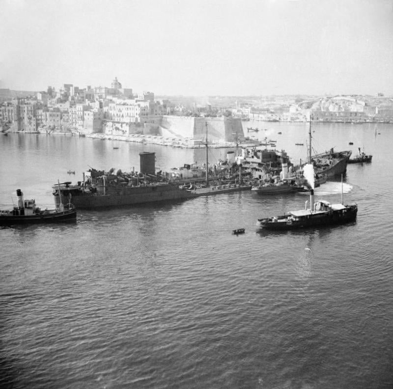 The stricken SS Ohio enters Grand Harbour, Malta, on 15 August 1942