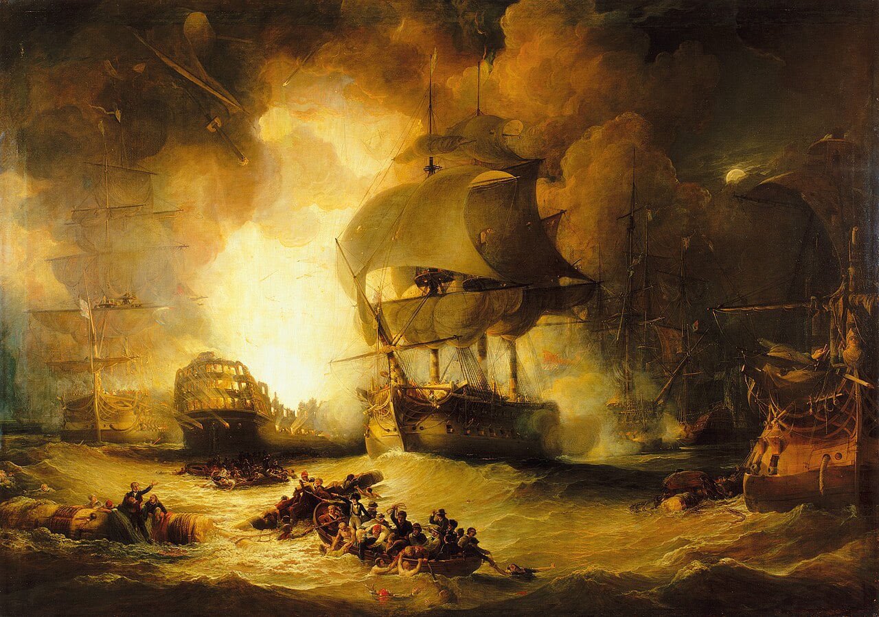 Orient explodes at the Battle of the Nile. Franklin is the ship in the extreme left of the picture, and was almost set on fire herself by falling debris.