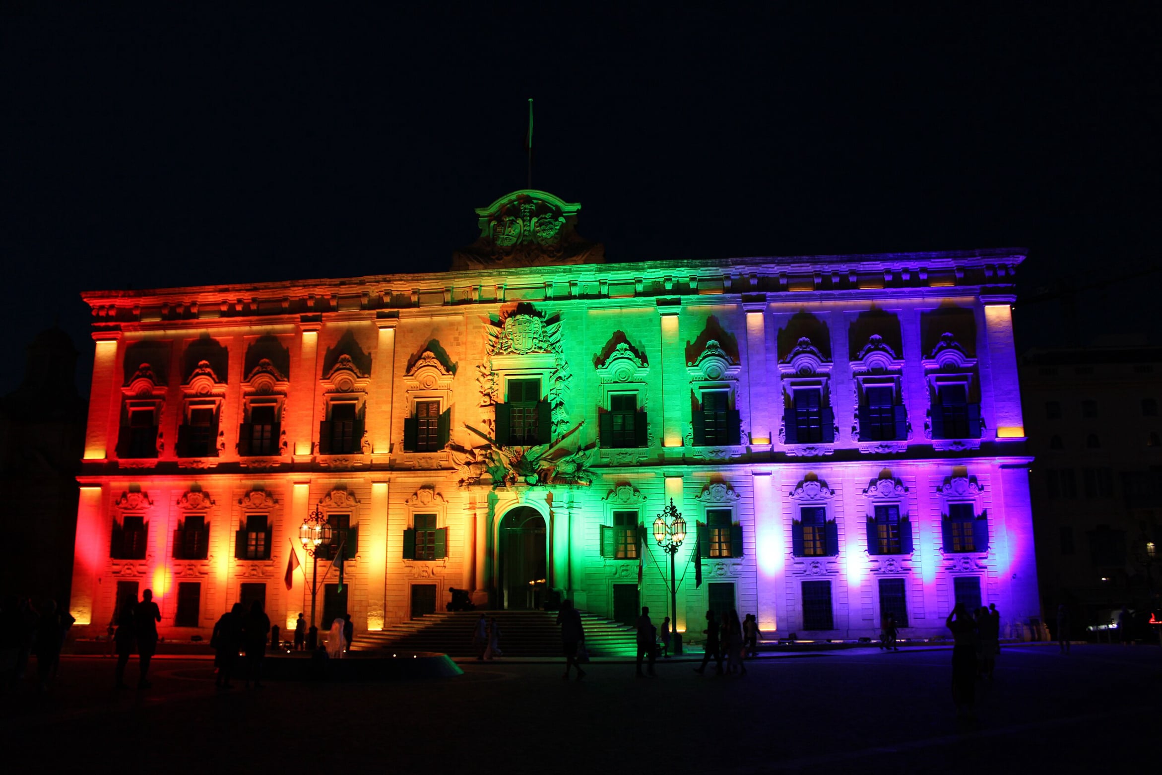 The Auberge de Castille, home to the Office of the Prime Minister of Malta, lit in rainbow colours during Europride 2023