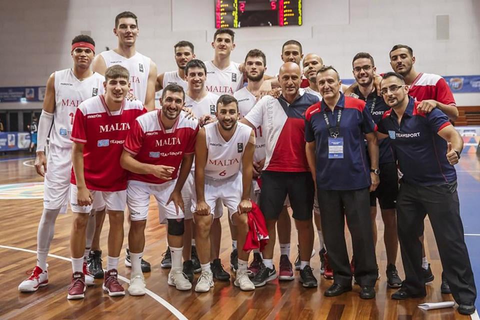 The Malta national basketball team celebrate their gold medal victory in San Marino in 2017.